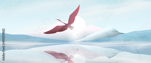 Watercolor landscape background with mountains, a lake, and a crane at sunset or sunrise. A natural art banner for decor, prints, wallpaper, packaging, textiles, and interiors.