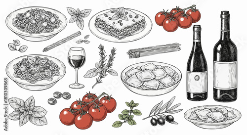 Italian cuisine featuring pasta dishes, lasagna, ravioli, tomatoes, herbs, and wine bottles art