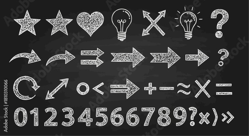 Chalkboard drawing with stars, heart, lightbulbs, arrows, symbols, and numbers from zero to nine