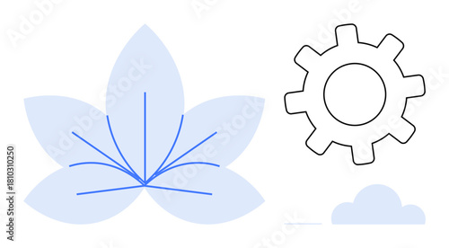 Light blue flower petals with abstract lines, mechanical gear, and simple cloud. Ideal for innovation, balance, nature, technology, creativity systems digitalization. Minimalist design and simple
