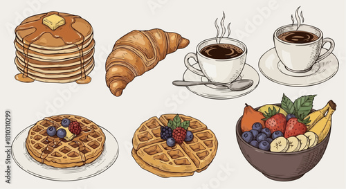 Illustration of breakfast foods including pancakes, waffles, croissant, coffee, and fruit bowl items