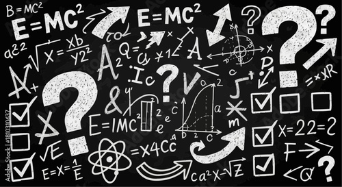 Blackboard filled with mathematical equations and symbols with question marks and check marks all around