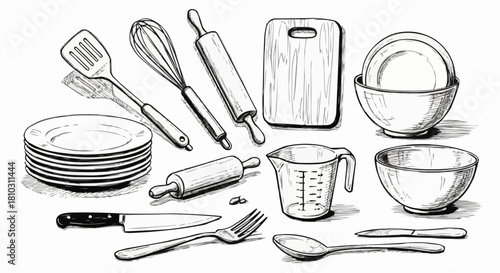 Illustration of various kitchen utensils including plates, bowls, and cooking accessories shown here