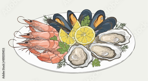 A delightful seafood platter featuring shrimp mussels and oysters garnished with lemon and herbs elegantly displayed
