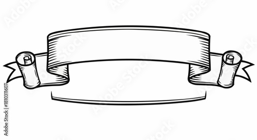 Illustration of a blank white banner with rolled edges and black outline design element graphic art