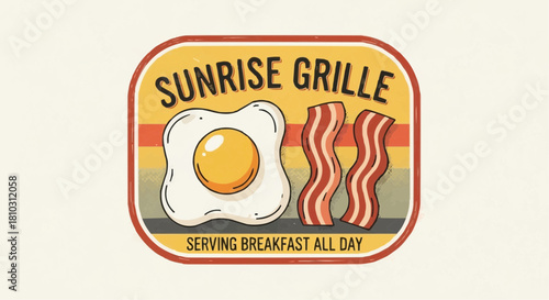 Retro sunrise grille breakfast themed logo with egg and bacon illustration design element vector