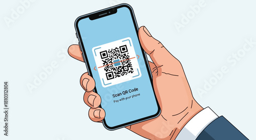 Illustrative depiction of contactless payment method using a QR code on a smartphone