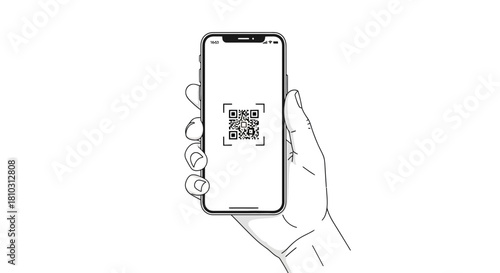 Illustration of a hand holding smartphone displaying QR code for scanning or payment