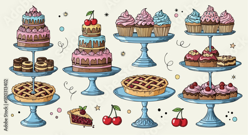 Illustration of various desserts including cakes, cupcakes and pies on stands in a bakery setting
