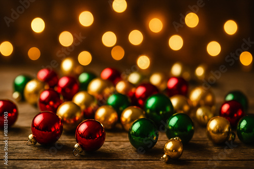 Christmas Ornaments on Rustic Wood with Soft Bokeh Lights