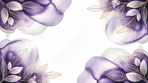 Elegant purple watercolor floral frame , Abstract violet gold leaf wedding background , Luxury lavender texture blank template , Aquarelle plum flower nature corner design 
