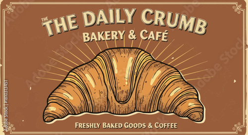 Illustration of a croissant with the daily crumb bakery and cafe text in a brown vintage style