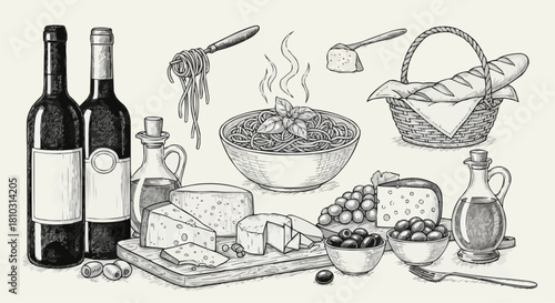 Illustration of italian cuisine with wine bottles cheese and pasta in a basket on a table top view