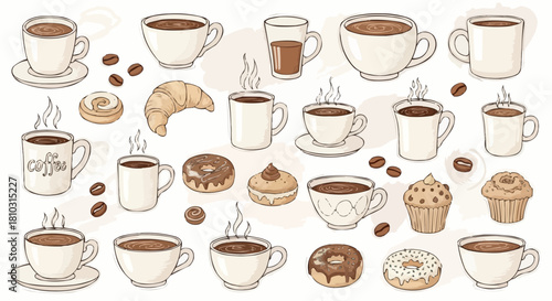 Illustration of various coffee cups with coffee beans and assorted pastries on a white background