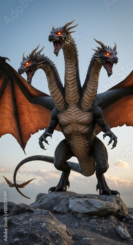 Three Headed Dragon with Wings and Red Eyes