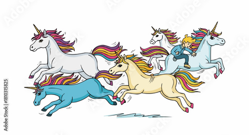 A boy riding a light blue unicorn among a herd of colorful unicorns running in a whimsical landscape