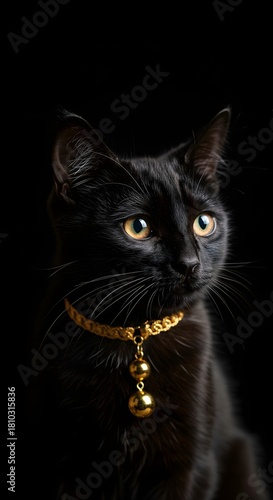 Black Cat with Gold Necklace on Black Background