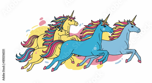 A group of colorful unicorns running together with yellow and blue bodies and rainbow colored manes