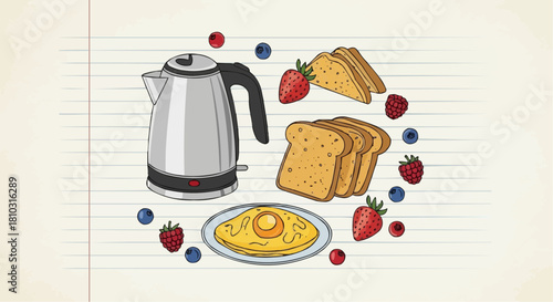 Breakfast scene featuring a kettle, toast, fried egg, strawberries, raspberries and blueberries on paper