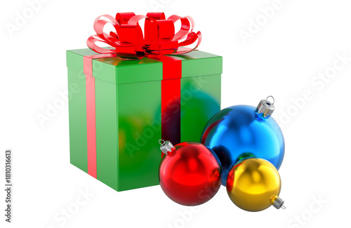 Christmas gift box with colorful baubles. 3D rendering