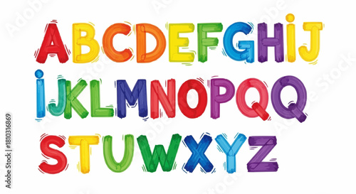 A colorful alphabet display featuring a full set of letters from a to z in rainbow hues and playful design
