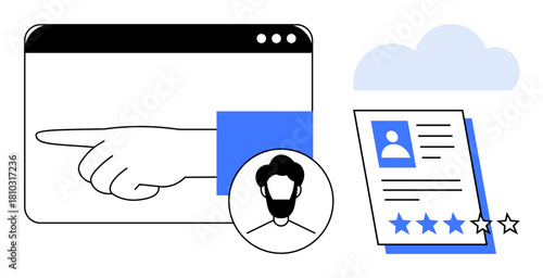 Hand gesture emphasizing user profile featuring picture and star rating, shown with a cloud motif. Ideal for recruitment, online reviews, user feedback, digital identity, profile management, cloud