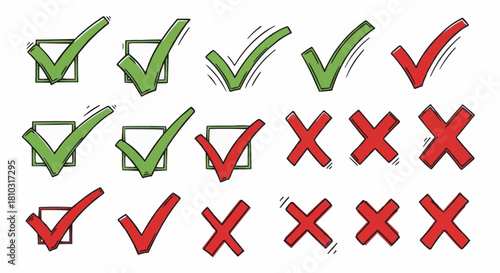 Illustration showing green check marks and red x marks with varying styles and box outlines, hand drawn style