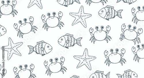 Seamless pattern featuring hand drawn crabs starfishes and fishes on a white background surface design
