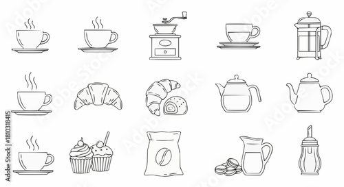 Outlined coffee and pastry icons including cups, croissants, grinder and teapots in a row pattern