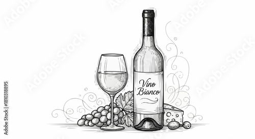 Illustration of a wine bottle with a glass of wine grapes cheese and decorative swirls design element