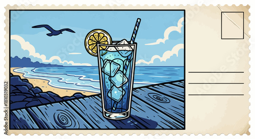 A refreshing drink on a wooden deck overlooking the ocean with a seagull flying in the distance scene