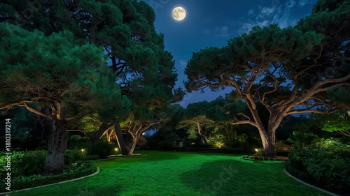 A beautiful nighttime view of a manicured garden with lush green lawn, mature trees, and a bright full moon in the sky. Gentle lighting highlights the landscape