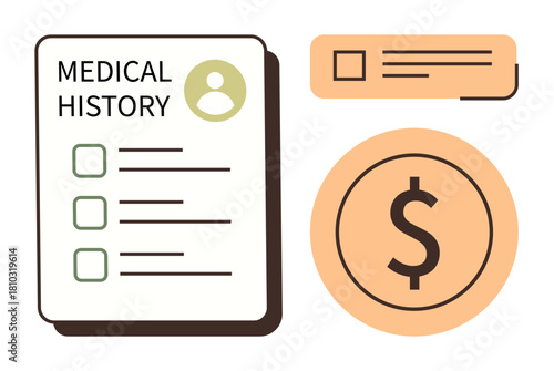 Medical history form with a checklist, person icon, dollar sign, and card. Ideal for health, finance, insurance, records budgeting consulting and expenses. Simple flat metaphor