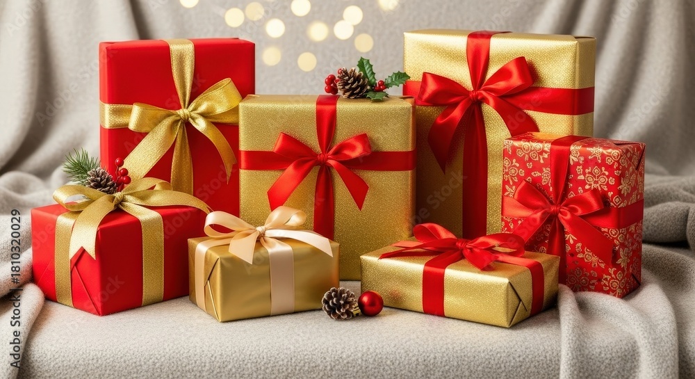 Fototapeta premium Colorful wrapped gift boxes with ribbons on festive background 