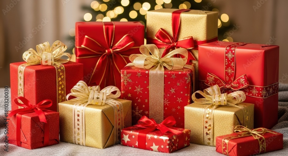 Obraz premium Colorful Christmas presents stacked on table with festive background 