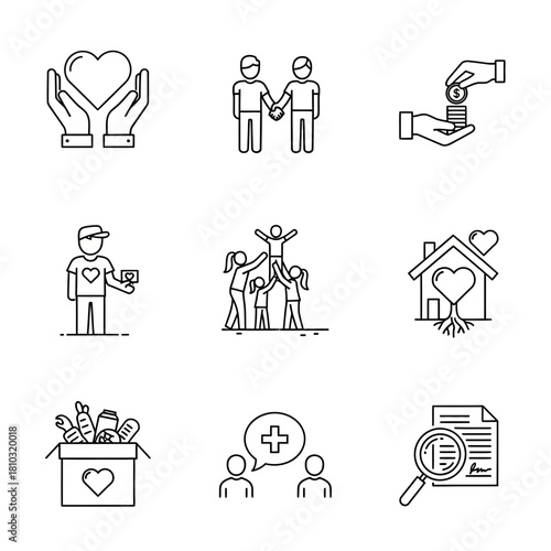 Diverse icons symbolizing community support, kindness, and humanitarian aid including donation, family, and health initiatives