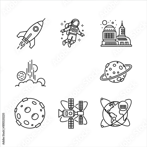 Explore the cosmos with iconic space icons featuring rockets astronauts planets satellites and futuristic cities for your next science project or design