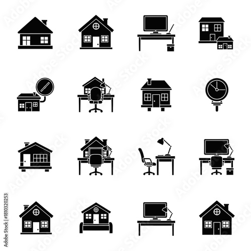 Modern home office icons showcasing remote work lifestyle and residential spaces for business and comfort