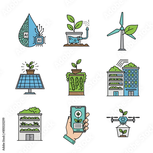 Smart sustainable agriculture innovations including AI, solar, vertical farms, drones, and smart irrigation for future farming.