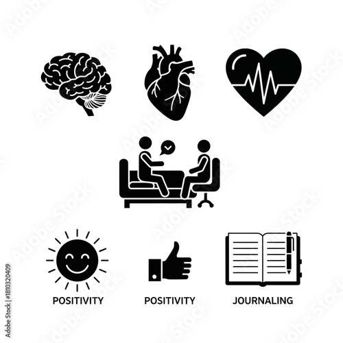 Brain health, heart care, therapy, positivity, and journaling icons symbolizing mental and physical well-being for a balanced lifestyle.