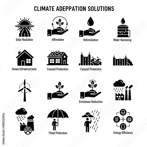 Innovative climate adaptation solutions for a sustainable future, featuring renewable energy, green infrastructure, and environmental protection strategies.
