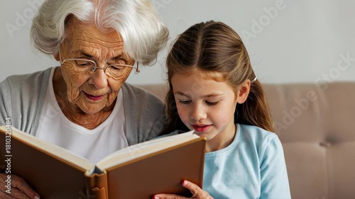 Whispered Tales: A grandmother and granddaughter sharing a special moment, their eyes focused on the pages of an old book filled with stories. The bond between them shines brightly.