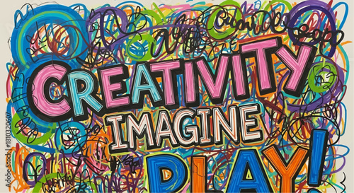 Colorful creativity imagine play drawing with abstract scribbles and vibrant lettering art piece