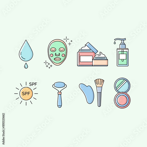 Unlock radiant skin with essential beauty tools and skincare icons for your next project, featuring serums, masks, creams, and sun protection