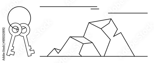 Two overlapping keys next to polygonal mountain peaks suggest access, challenges, solutions, and opportunities. Ideal for problem-solving, teamwork, goals, exploration, obstacles decision-making