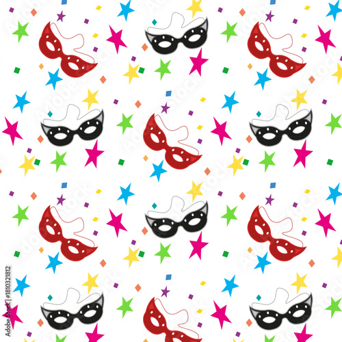 A celebration with carnival masks and confetti.Vector pattern of carnival masks and multicolored confetti on a transparent background.