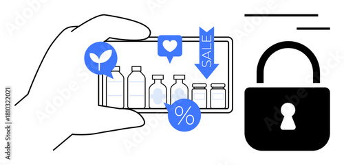 Smartphone displays bottles, sale icons, and digital symbols, representing e-commerce, online deals, and safety. Ideal for e-commerce, discounts, security privacy digital shopping technology