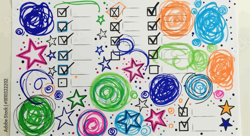 Hand drawn checklist with colorful scribbles and stars on white paper creating a playful design