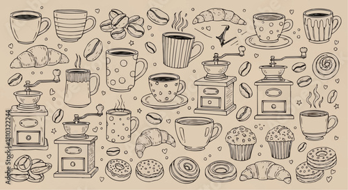 Hand drawn coffee and pastry elements including cups, beans, grinders, croissants and donuts sketch art