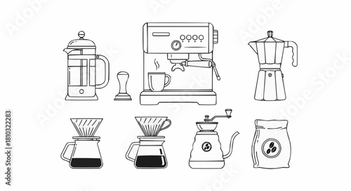 Illustration of various coffee brewing equipment including french press espresso maker and pour over setup